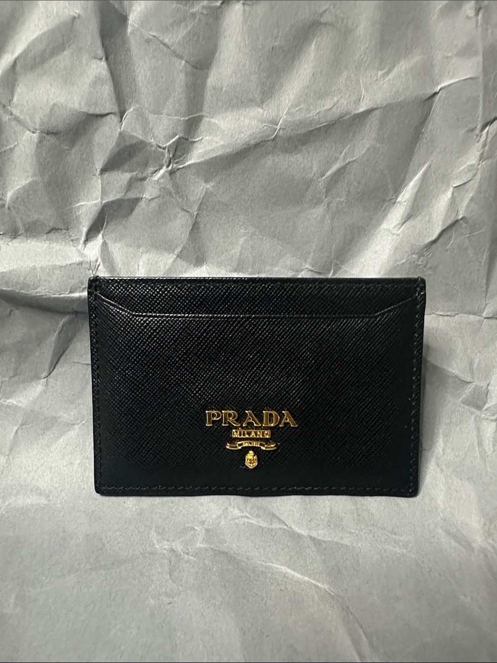 Authentic Prada Black Saffiano Leather Card holder with Gold Prada Logo